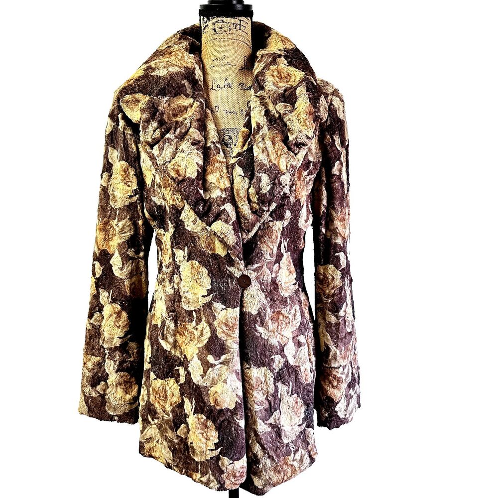 BEPPE BONDI Woments Jacket SZ L Brown Beige Faux Fur Rose Pattern Coat Italy